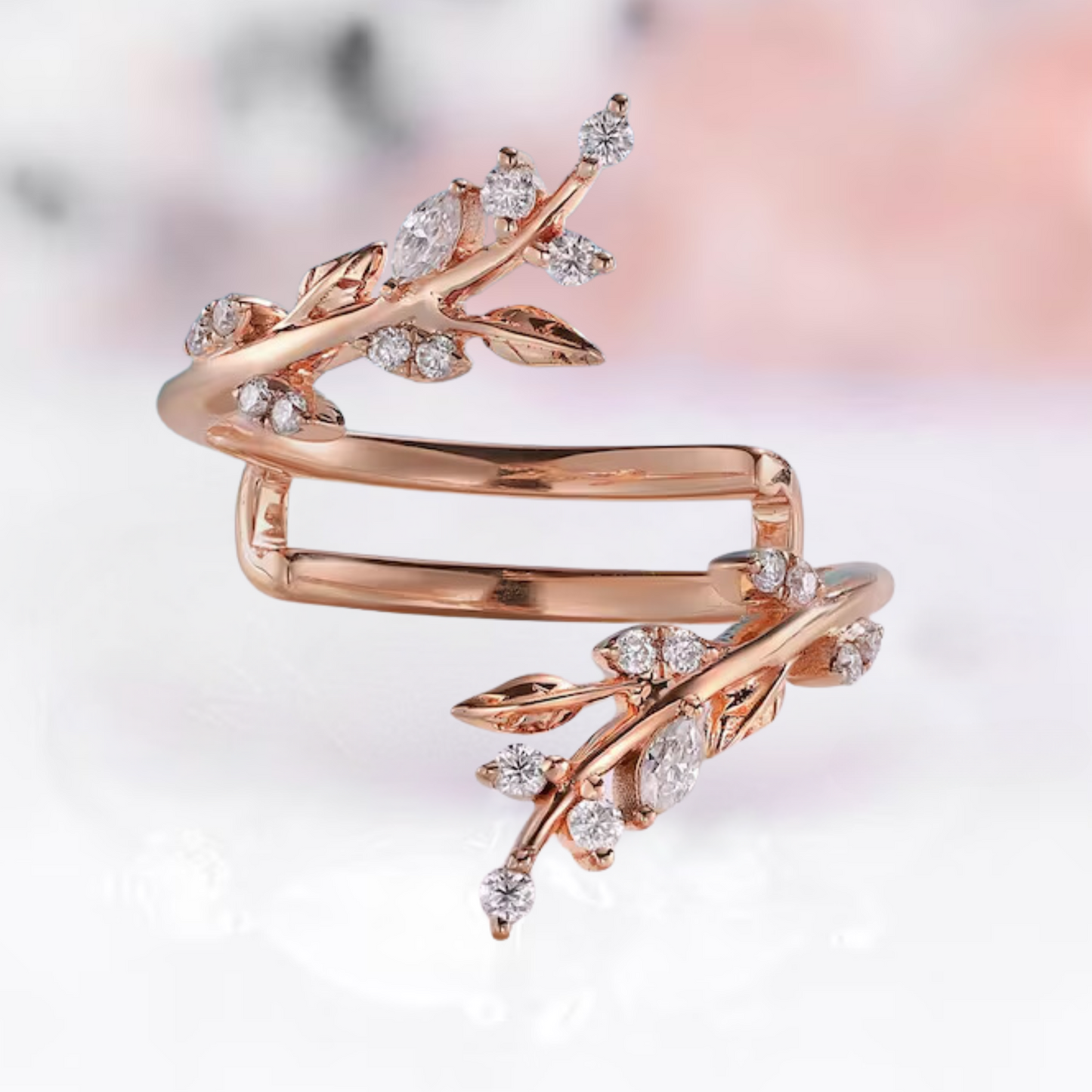 Marquise & Round Diamond Leaf Wedding Wrap Ring Jacket in 14K Rose Gold Vermeil - Engagement Wrap Ring Enhancer Gift For Her