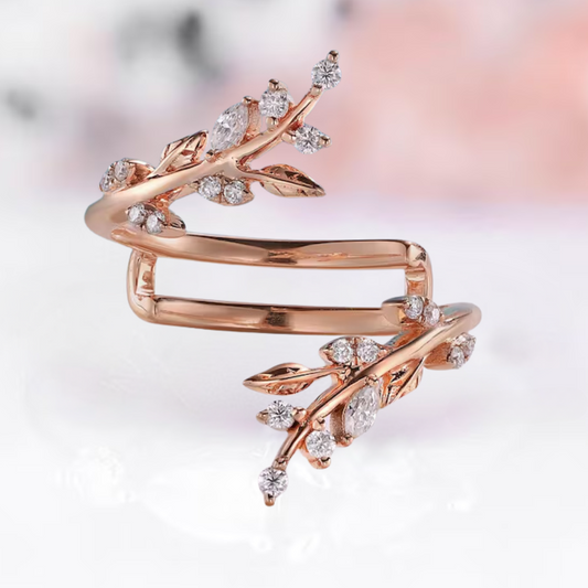 Marquise & Round Diamond Leaf Wedding Wrap Ring Jacket in 14K Rose Gold Vermeil - Engagement Wrap Ring Enhancer Gift For Her