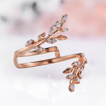 Marquise & Round Diamond Leaf Wedding Wrap Ring Jacket in 14K Rose Gold Vermeil - Engagement Wrap Ring Enhancer Gift For Her