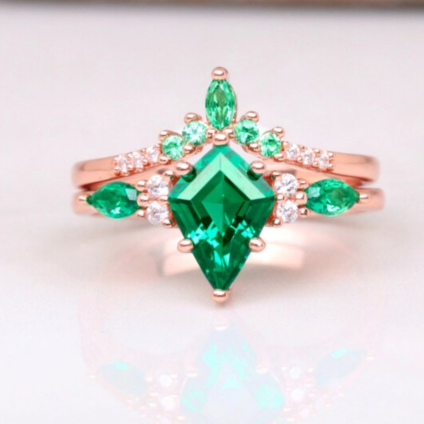 Kite Emerald Ring Set in 14K Rose Gold Vermeil Engagement Ring For Women - May Birthstone Ring For Her