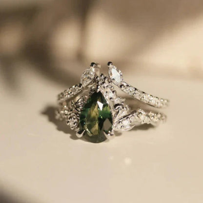 Pear Cut Teal Sapphire Blossom Rose & Dancing Swan Engagement Ring Set in 925 Sterling Silver - Gift For Her