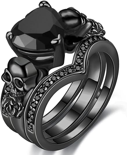 Ghost Rider Gothic Skull Black Ring Set For Women in Black Rhodium on Sterling Sliver - Heart Black & Rose Flower Ring