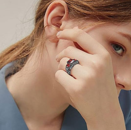 Garnet Skull with Wings Engagement Ring in Black Rhodium on Sterling Silver - Biker Rings for Women/Men