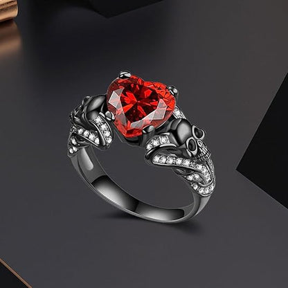 Red Garnet & Diamond Skull Ring in Black Rhodium on Sterling Silver – Biker Rings for Women - Gothic Ring