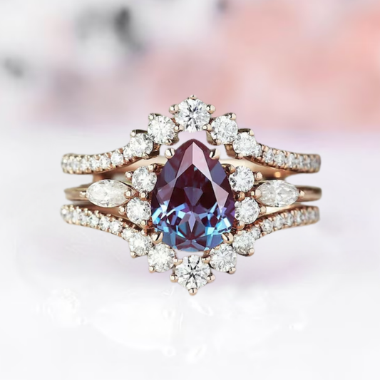 Pear Cut Alexandrite Engagement Ring Set in 14k Rose Gold Vermeil Ring Enhancer & Alexandrite Wedding Ring - Bridal Rings For Women