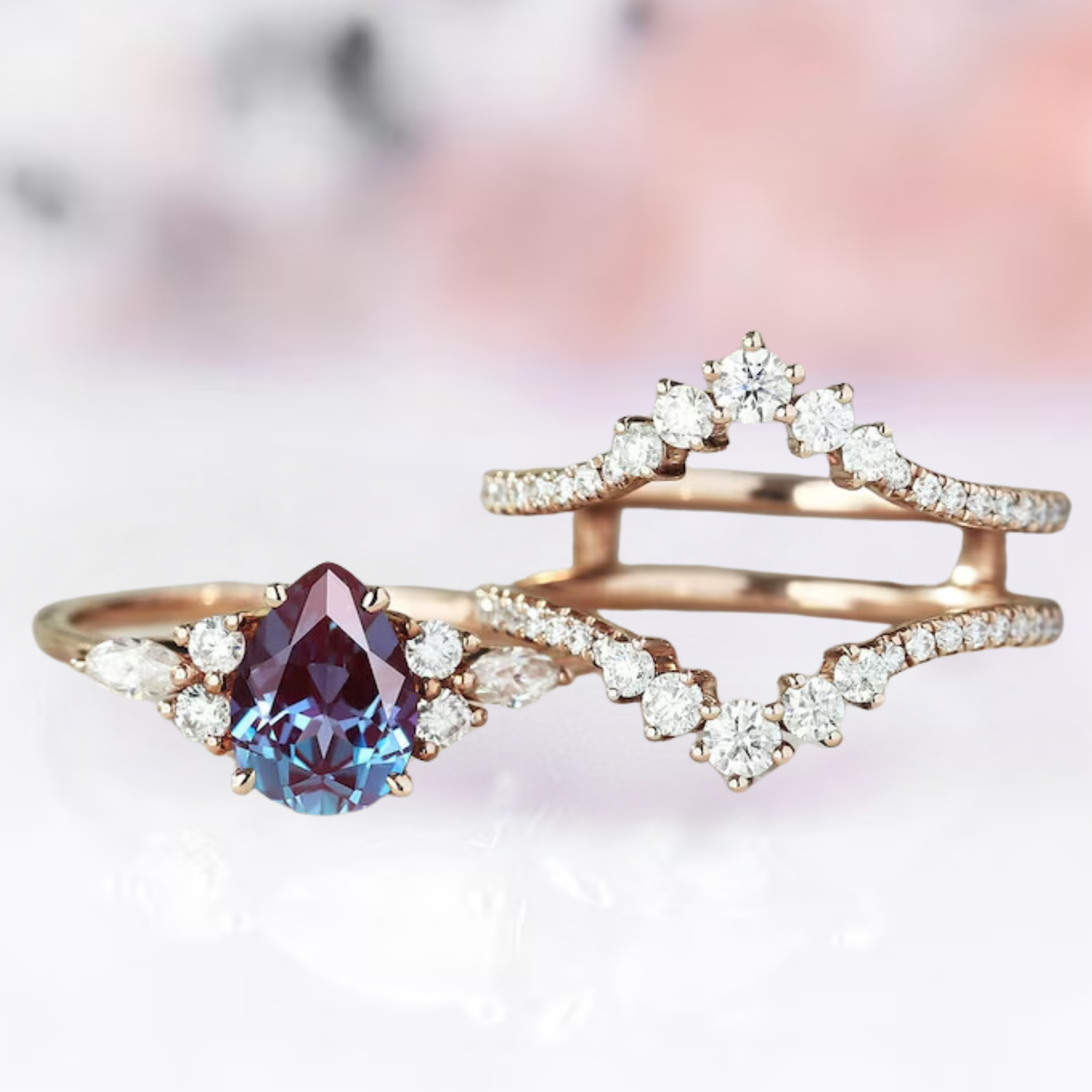 Pear Cut Alexandrite Engagement Ring Set in 14k Rose Gold Vermeil Ring Enhancer & Alexandrite Wedding Ring - Bridal Rings For Women