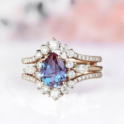 Pear Cut Alexandrite Engagement Ring Set in 14k Rose Gold Vermeil Ring Enhancer & Alexandrite Wedding Ring - Bridal Rings For Women