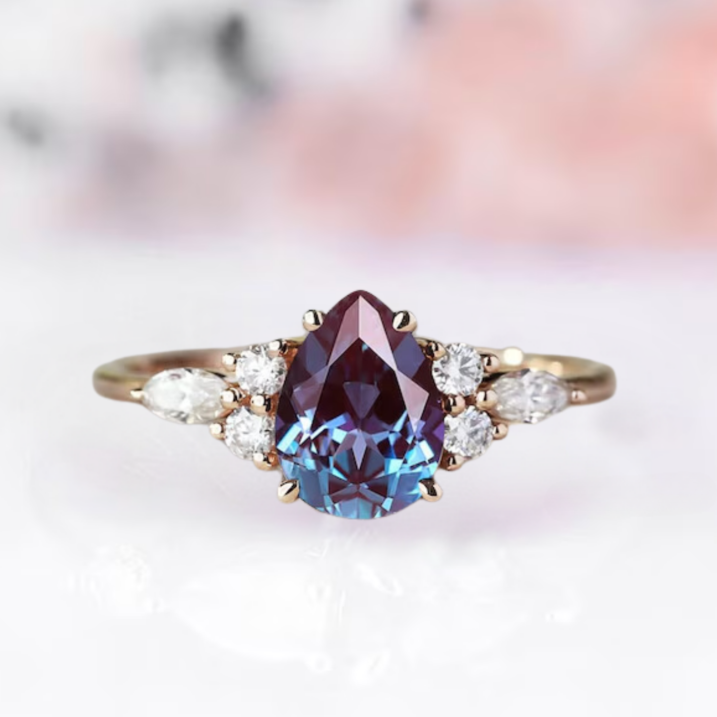 Pear Cut Alexandrite Engagement Ring Set in 14k Rose Gold Vermeil Ring Enhancer & Alexandrite Wedding Ring - Bridal Rings For Women