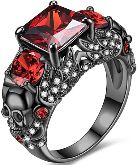 Garnet Skull with Wings Engagement Ring in Black Rhodium on Sterling Silver - Biker Rings for Women/Men