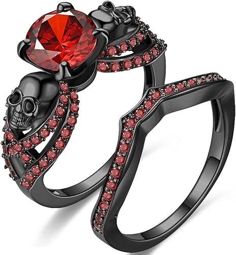 Red Garnet Gothic Black Skull Rings in Black Rhodium on Sterling Silver - Halloween Biker Rings for Women Christmas Gifts