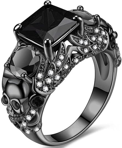 Black Diamond Skull with Wings Engagement Ring in Black Rhodium on Sterling Silver - Biker Rings for Women/Men Christmas Gifts