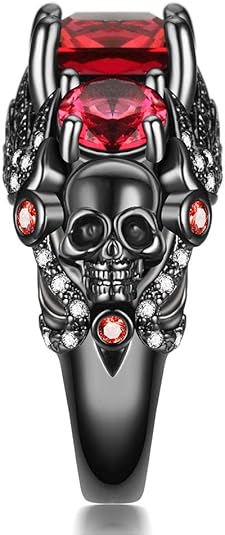 Garnet Skull with Wings Engagement Ring in Black Rhodium on Sterling Silver - Biker Rings for Women/Men