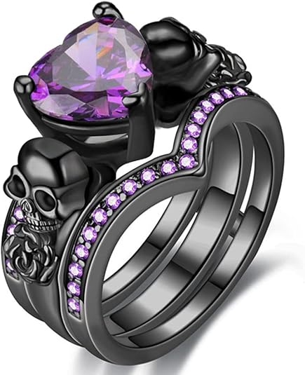 Ghost Rider Gothic Skull Black Ring Set For Women in Black Rhodium on Sterling Sliver - Heart Amethyst & Rose Flower Ring