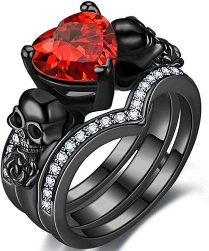 Ghost Rider Gothic Skull Black Ring Set For Women in Black Rhodium on Sterling Sliver - Heart Garnet & Rose Flower Ring