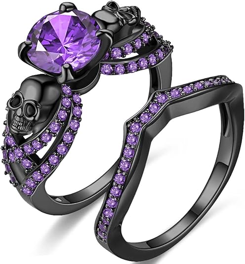 Amethyst Gothic Skull Ring Set in Black Rhodium on Sterling Silver - Halloween Biker Rings for Women Christmas Gifts