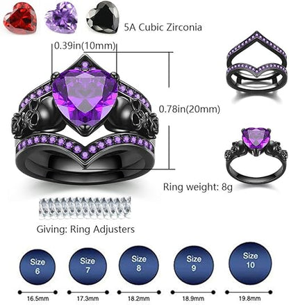 Ghost Rider Gothic Skull Black Ring Set For Women in Black Rhodium on Sterling Sliver - Heart Amethyst & Rose Flower Ring