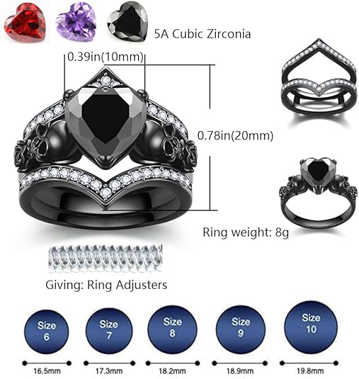 Ghost Rider Gothic Skull Black Ring Set For Women in Black Rhodium on Sterling Sliver - Heart Black & White Diamond Skull With Rose Ring