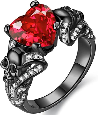 Red Garnet & Diamond Skull Ring in Black Rhodium on Sterling Silver – Biker Rings for Women - Gothic Ring