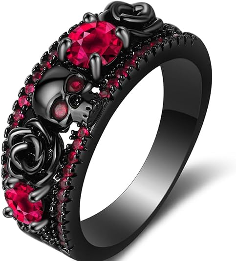 2.55 Ct Heart Cut Red Ruby Skull Engagement Ring in Black Rhodium on Sterling Silver - Gothic Ring For Him/Her