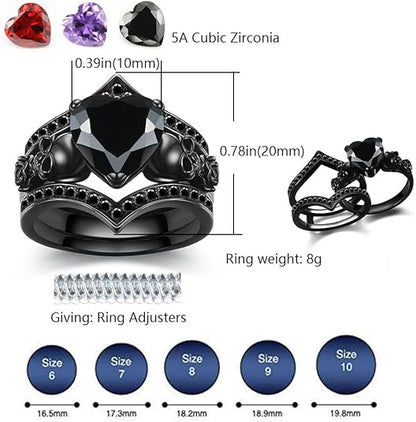 Ghost Rider Gothic Skull Black Ring Set For Women in Black Rhodium on Sterling Sliver - Heart Black & Rose Flower Ring