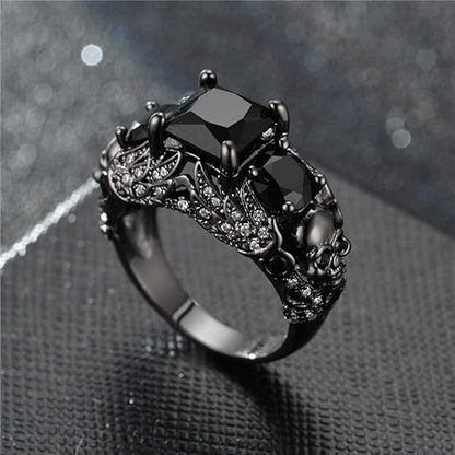 Black Diamond Skull with Wings Engagement Ring in Black Rhodium on Sterling Silver - Biker Rings for Women/Men Christmas Gifts