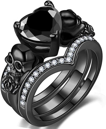 Ghost Rider Gothic Skull Black Ring Set For Women in Black Rhodium on Sterling Sliver - Heart Black & White Diamond Skull With Rose Ring