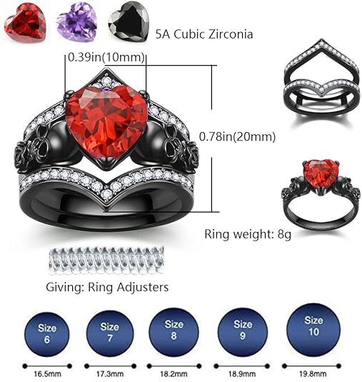 Ghost Rider Gothic Skull Black Ring Set For Women in Black Rhodium on Sterling Sliver - Heart Garnet & Rose Flower Ring