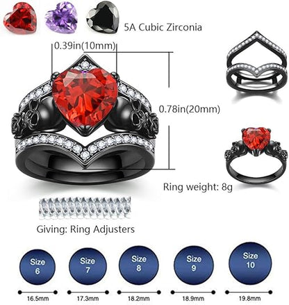 Ghost Rider Gothic Skull Black Ring Set For Women in Black Rhodium on Sterling Sliver - Heart Garnet & Rose Flower Ring