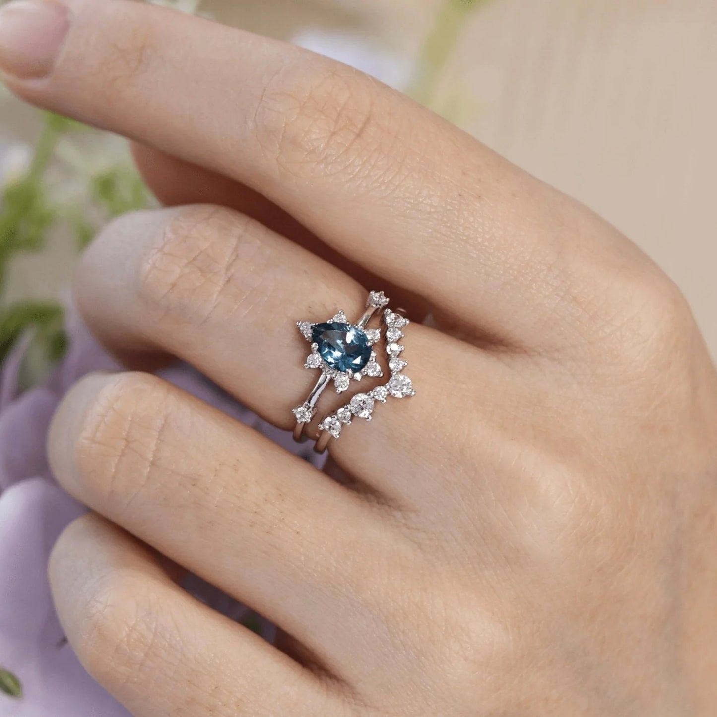 Blue Topaz Ring & Twinkle Band Ring Set in 925 Sterling Silver Promise Ring Anniversary Gift For Her