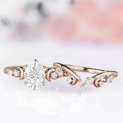 Diamond Engagement Ring Set in 14K Rose Gold Vermeil Art Deco Moon Diamond Curved Wedding Band Ring Set Gift For Her