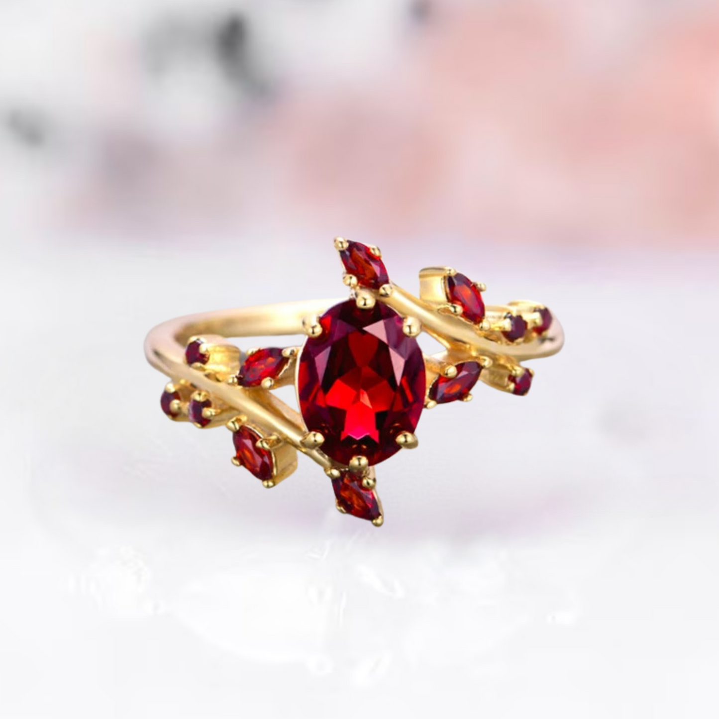 Natural Red Garnet Leaf Ring- 14K Yellow Gold Vermeil Engagement Ring For Women- Unique Red Promise Ring