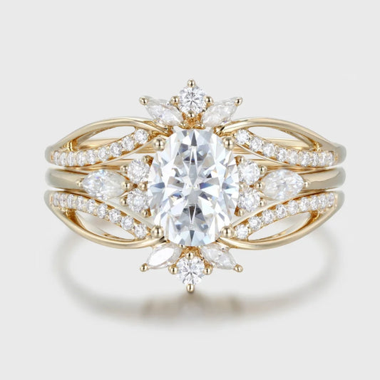 1.5 Ct Oval Cut Diamond Double Vintage Cluster Engagement Ring Set In 14k Yellow Gold Finish