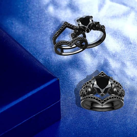 Ghost Rider Gothic Skull Black Ring Set For Women in Black Rhodium on Sterling Sliver - Heart Black & Rose Flower Ring