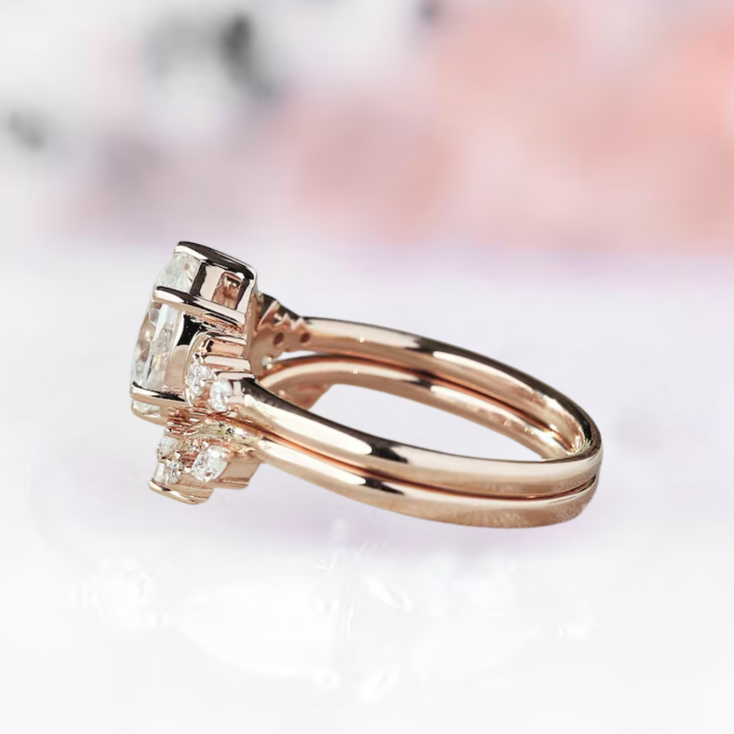 Diamond Engagement Ring Set in 14K Rose Gold Vermeil Art Deco Moon Diamond Curved Wedding Band Ring Set Gift For Her