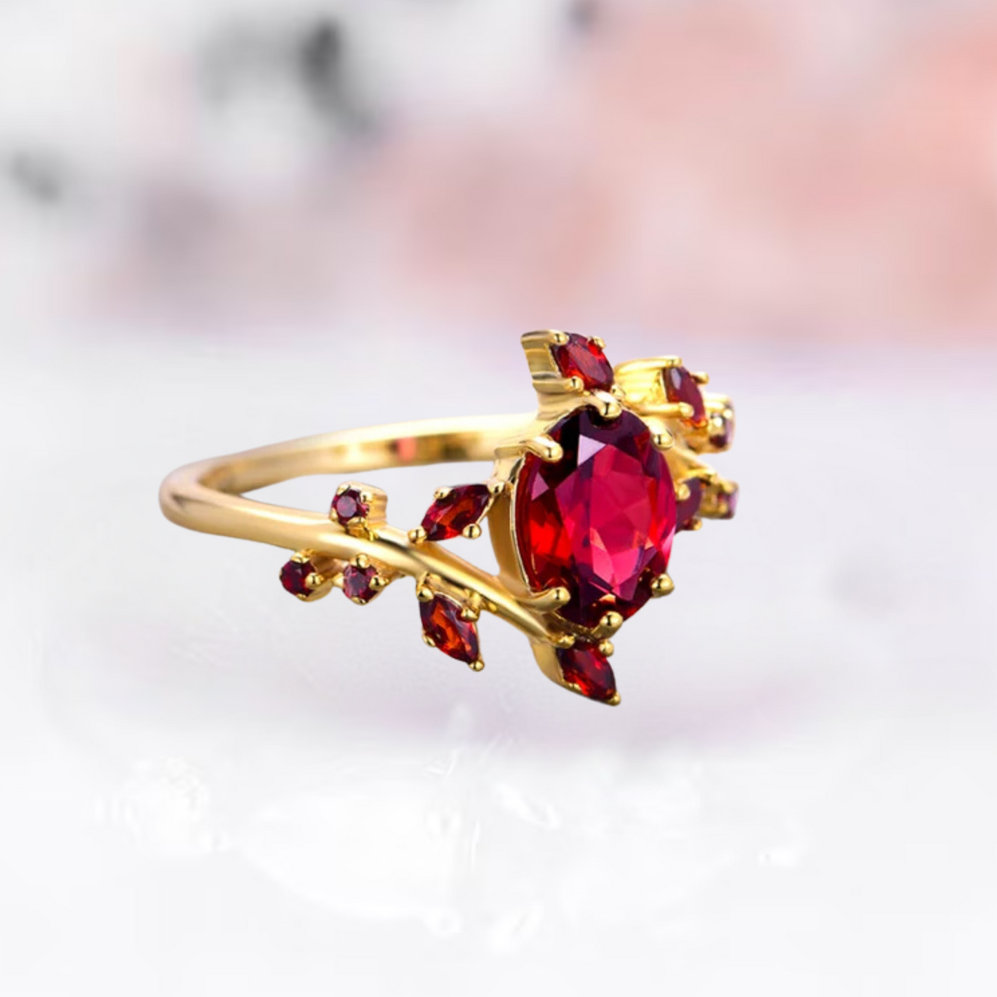 Natural Red Garnet Leaf Ring- 14K Yellow Gold Vermeil Engagement Ring For Women- Unique Red Promise Ring