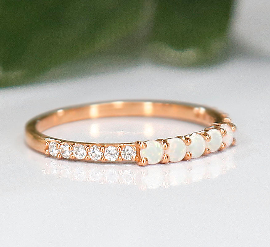 Fire Opal & Diamond Weding Band Ring in 14K Rose Gold Finish