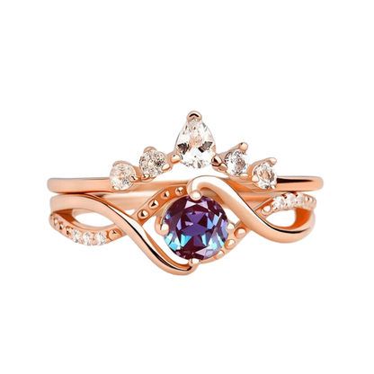 Vintage Alexandrite Ring Set in Rose Gold on 925 Sterling Silver Alexandrite Wedding Set For Her