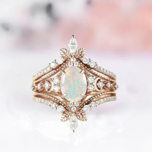 Unique Moon Design Opal Engagement Ring Set in 14k Yellow Gold Vermeil Ring Enhancer Double Curved Wedding Band Fire Opal Ring Set Bridal Ring Set