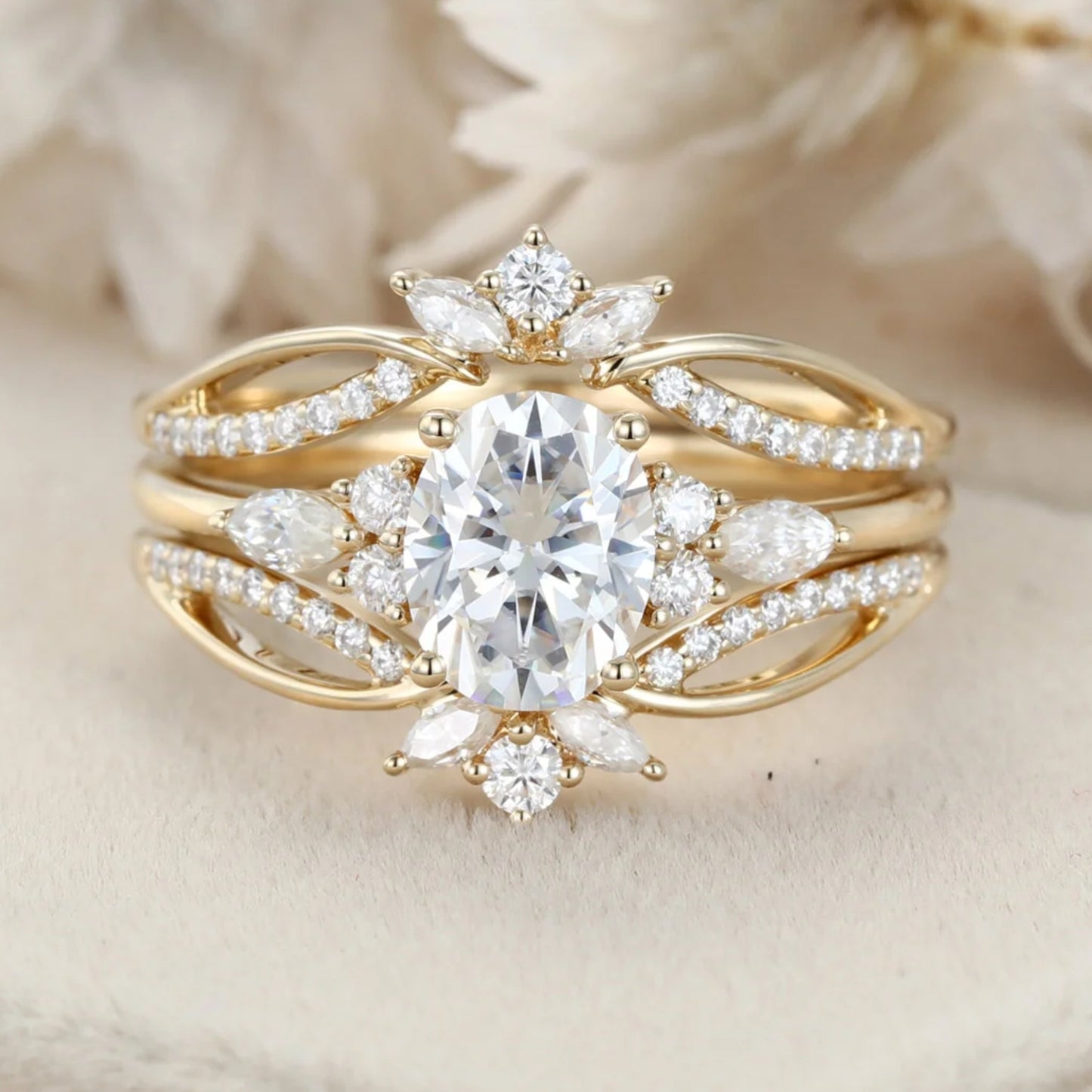 1.5 Ct Oval Cut Diamond Double Vintage Cluster Engagement Ring Set In 14k Yellow Gold Finish