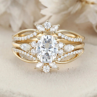 1.5 Ct Oval Cut Diamond Double Vintage Cluster Engagement Ring Set In 14k Yellow Gold Finish