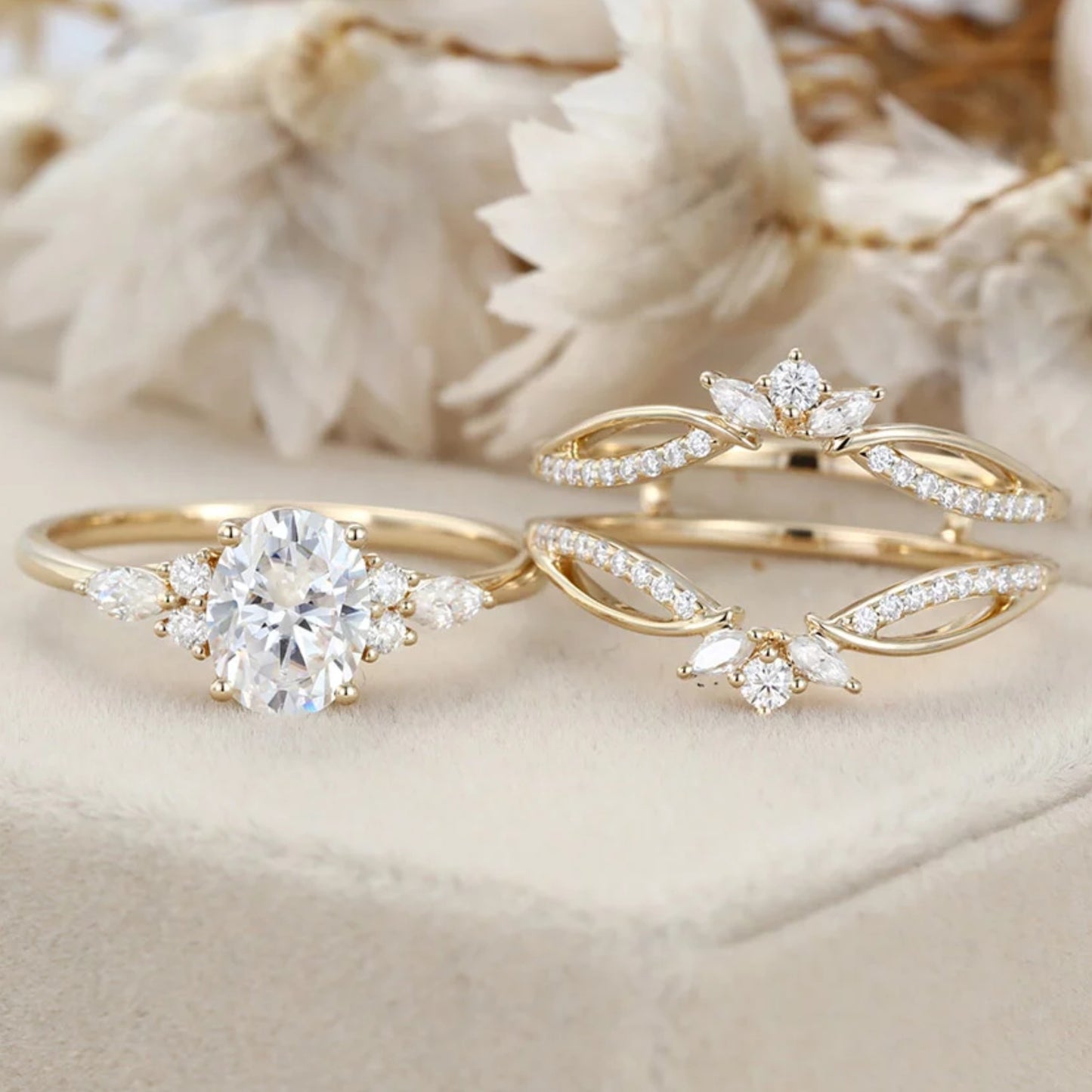 1.5 Ct Oval Cut Diamond Double Vintage Cluster Engagement Ring Set In 14k Yellow Gold Finish