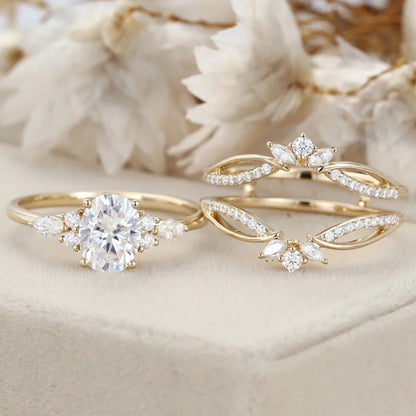 1.5 Ct Oval Cut Diamond Double Vintage Cluster Engagement Ring Set In 14k Yellow Gold Finish