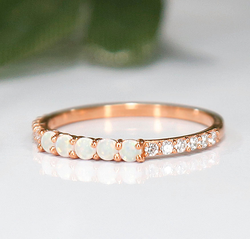 Fire Opal & Diamond Weding Band Ring in 14K Rose Gold Finish