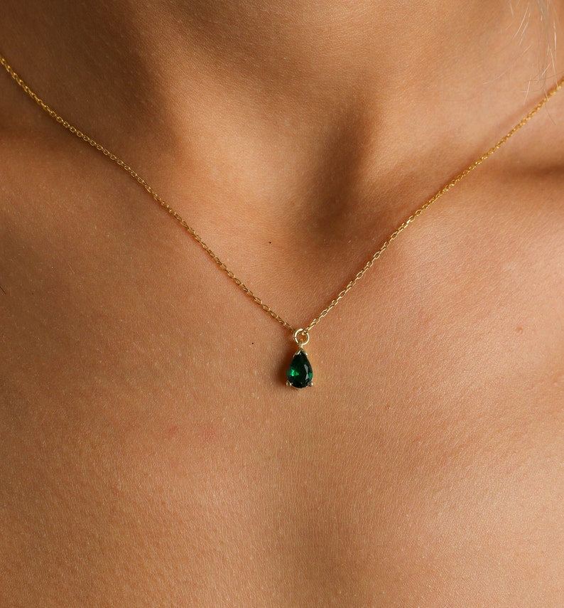 Emerald Chocker Necklace gold filled May Birthstone Tiny Emerald Pendant