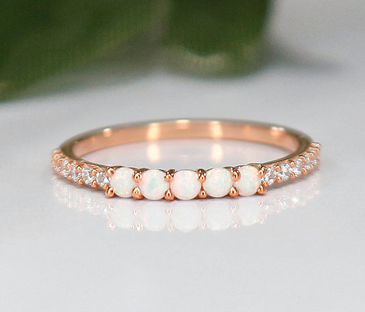 Fire Opal & Diamond Weding Band Ring in 14K Rose Gold Finish