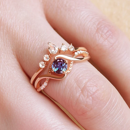 Vintage Alexandrite Ring Set in Rose Gold on 925 Sterling Silver Alexandrite Wedding Set For Her