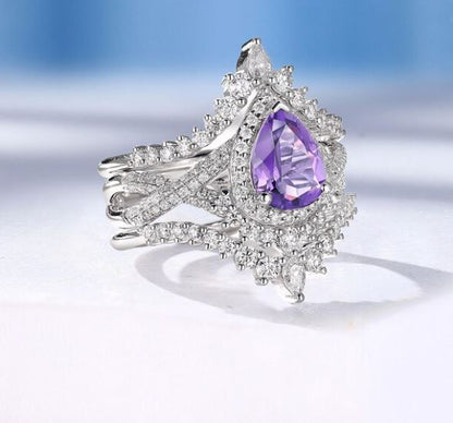 Vintage Amethyst Engagement Ring Set in Sterling Silver - Art Deco Ring Twisted Bridal anniversary ring