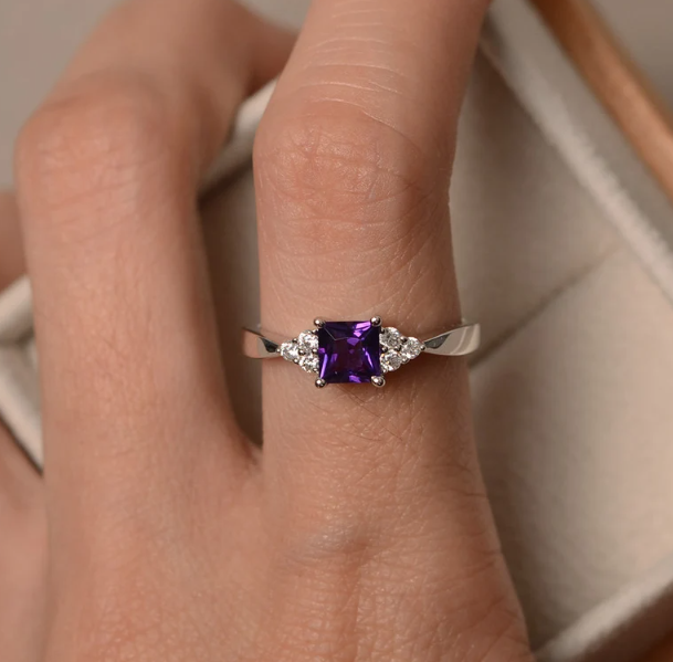 Princess Cut Amethyst Engagement Ring in Sterling Silver February Birthstone Anniversary Gift For Her