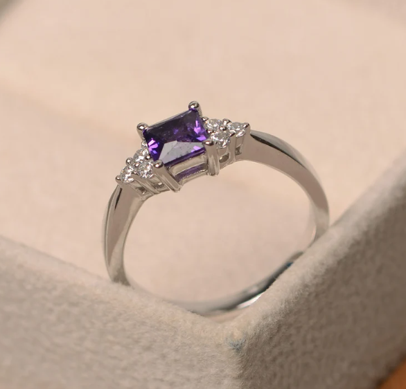 Princess Cut Amethyst Engagement Ring in Sterling Silver February Birthstone Anniversary Gift For Her