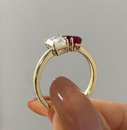 Ruby Pear & White Emerald Diamond Toi Et Moi Engagement Ring in 14k Yellow Gold Finish - Mothers Day Gift Idea